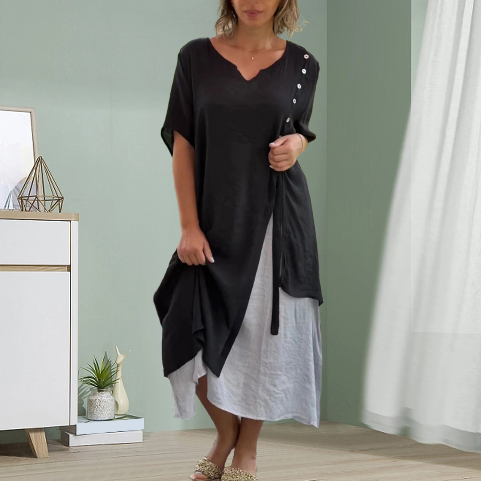 Robe Col En V Couleur Unie Trois Boutons Manches Courtes